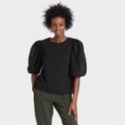 Women's Short Puff Sleeve Eyelet Top - A New Day Black