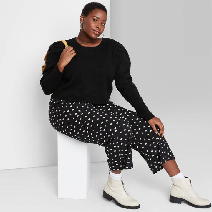 Women's Plus Size Puff Sleeve Crewneck Pullover Sweater - Wild Fable Black