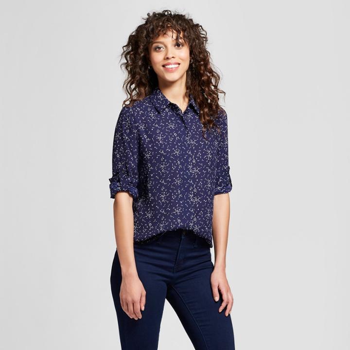Women's Long Sleeve Convertible Sleeve Top - Mossimo Navy Geometric Print
