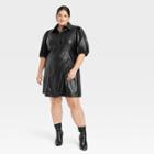 Women's Plus Size Puff Short Sleeve Faux Leather A-line Dress - A New Day Black