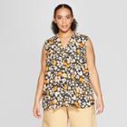 Women's Plus Size Floral Print Sleeveless Button-up Front Pocket Top - Who What Wear Black