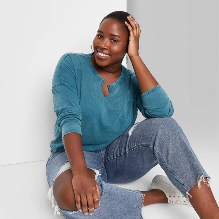 Women's Plus Size Long Sleeve V-neck Notch Front Cropped Boxy T-shirt - Wild Fable Turquoise