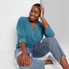 Women's Plus Size Long Sleeve V-neck Notch Front Cropped Boxy T-shirt - Wild Fable Turquoise