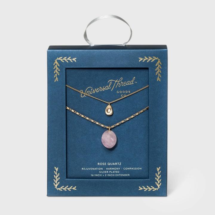 Semi-precious Rose Quartz Pendant With Recycled Metal Layered Necklace - Universal Thread Pink