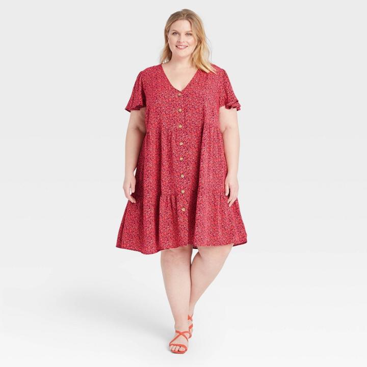 Women's Plus Size Short Sleeve Button-front Tiered Dress - Ava & Viv Brown Floral Print X