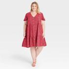 Women's Plus Size Short Sleeve Button-front Tiered Dress - Ava & Viv Brown Floral Print X