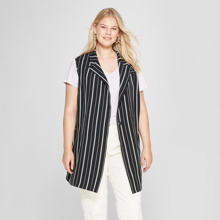 Women's Plus Size Striped Tied Waist Vest - Ava & Viv Black/white