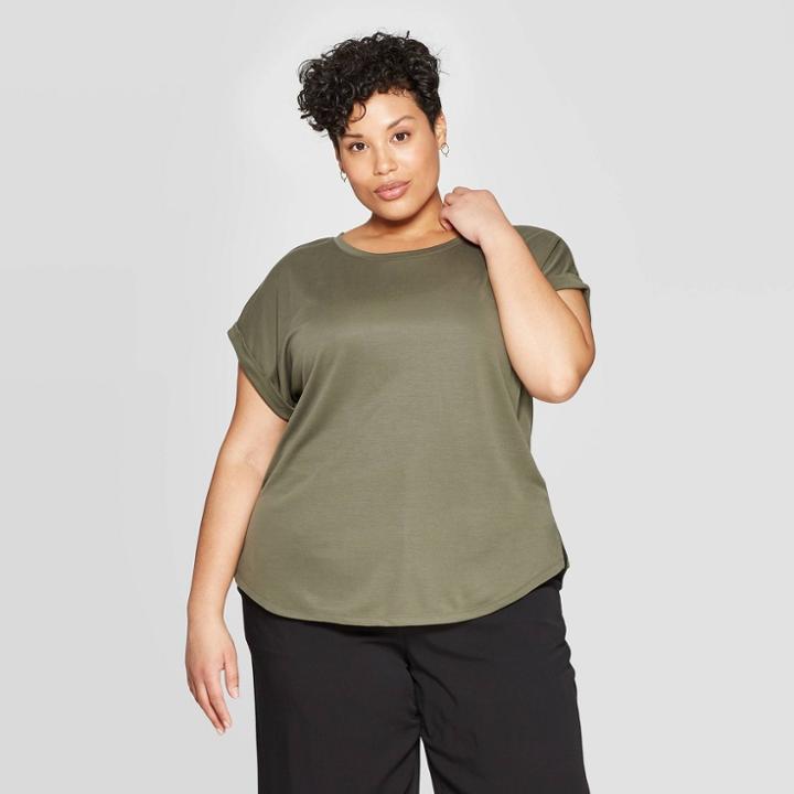 Women's Plus Size Cuffed Short Sleeve Crewneck T-shirt - Ava & Viv Olive (green)