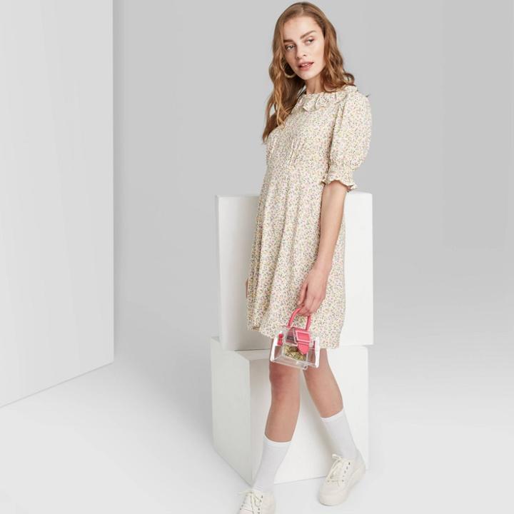 Women's Short Sleeve Floral Collared Mini Dress - Wild Fable White