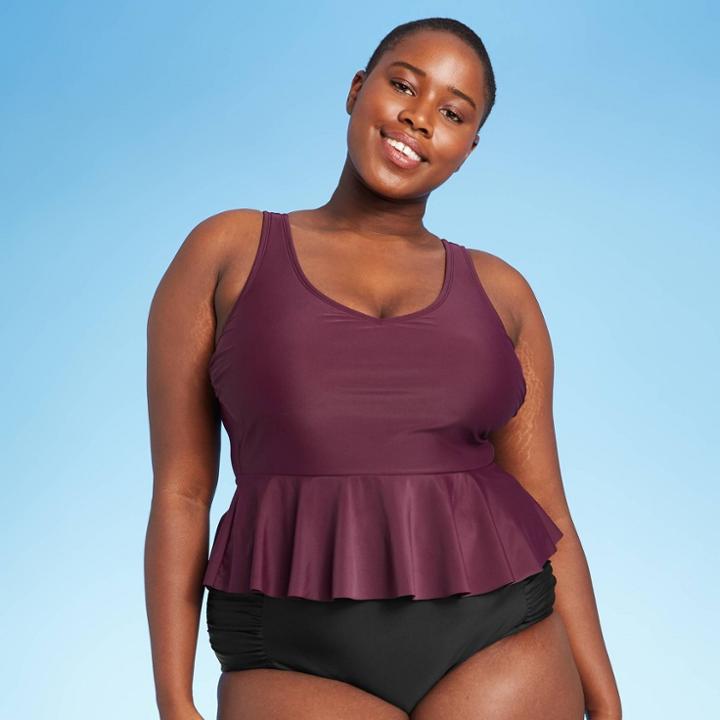 Women's Plus Size Scoop Neck Cropped Tankini Top - Kona Sol Burgundy