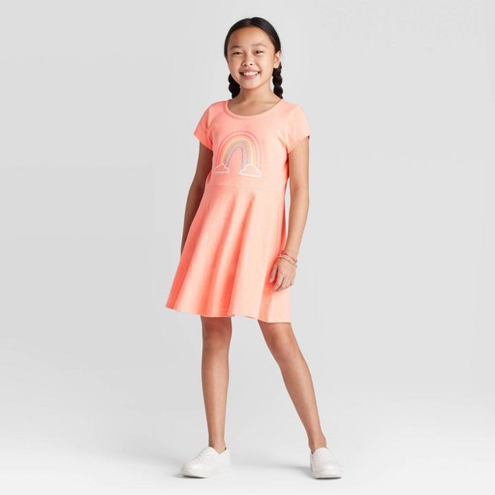 Petitegirls' Short Sleeve Rainbow Dress - Cat & Jack Bright Peach S, Girl's, Size: