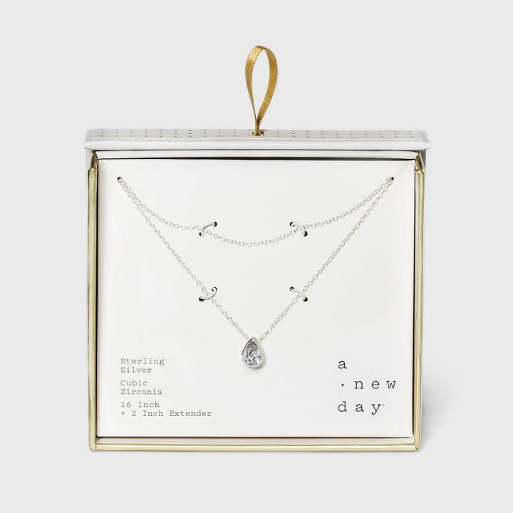 Sterling Silver With Cubic Zirconia Faux Duo Necklace And Teardrop Earring Set - A New Day