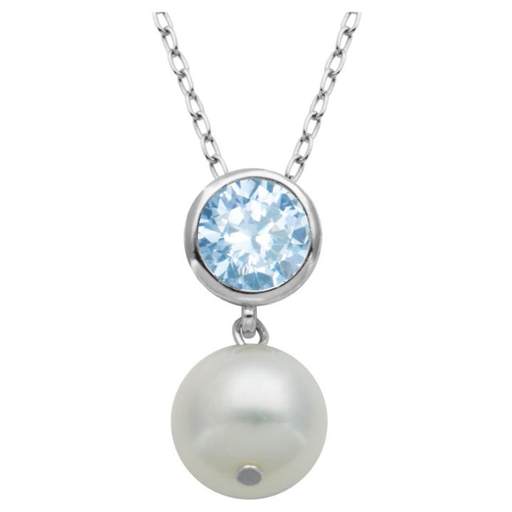 Prime Art & Jewel Genuine White Pearl And Created Aquamarine Pendant Necklace With 18 Chain, Girl's, Silver/aquamarine