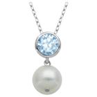 Prime Art & Jewel Genuine White Pearl And Created Aquamarine Pendant Necklace With 18 Chain, Girl's, Silver/aquamarine