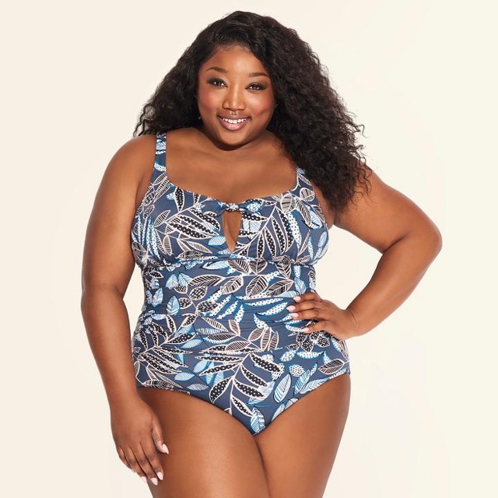 Women's Slimming Control Tie Front One Piece Swimsuit - Dreamsuit By Miracle Brands Gray Floral