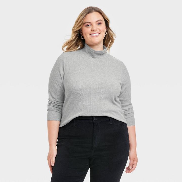Women's Plus Size Long Sleeve Waffle Knit Mock Turtleneck Slim Fit T-shirt - Universal Thread Heather Gray