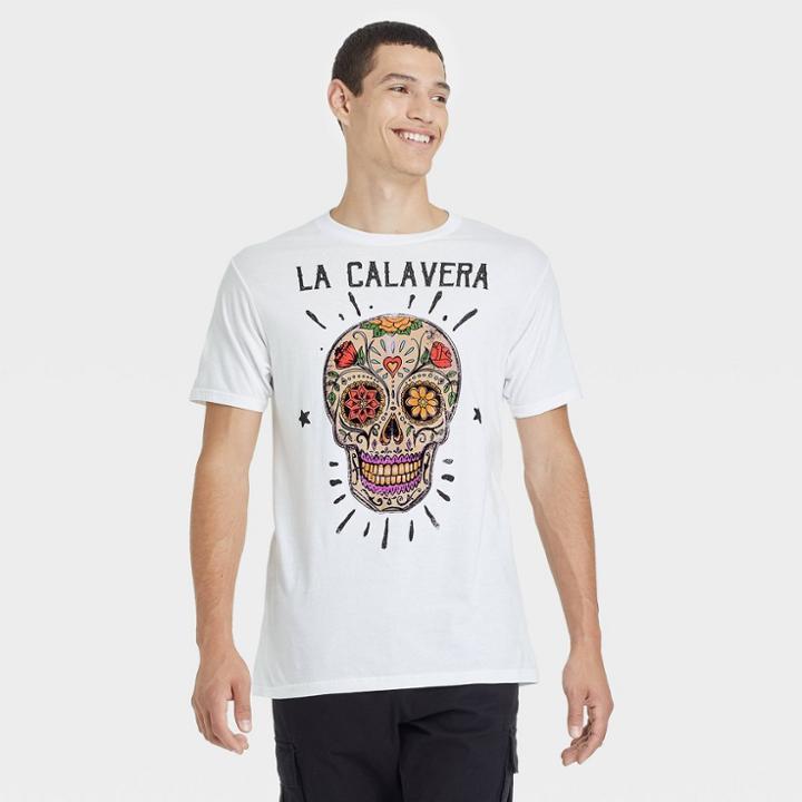 Bioworld Men's La Calavera Skull Short Sleeve Graphic T-shirt - White
