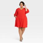 Women's Plus Size Long Sleeve Knit Babydoll Dress - Ava & Viv Red X