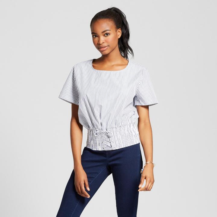 Women's Short Sleeve Lace-up Corset Waist Top - Alison Andrews White/navy