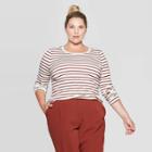 Women's Plus Size Striped Long Sleeve Crewneck T-shirt - Ava & Viv Cream/brown 1x, Size: