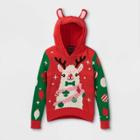 Well Worn Girls' Llama Hooded Pullover Sweater - Red