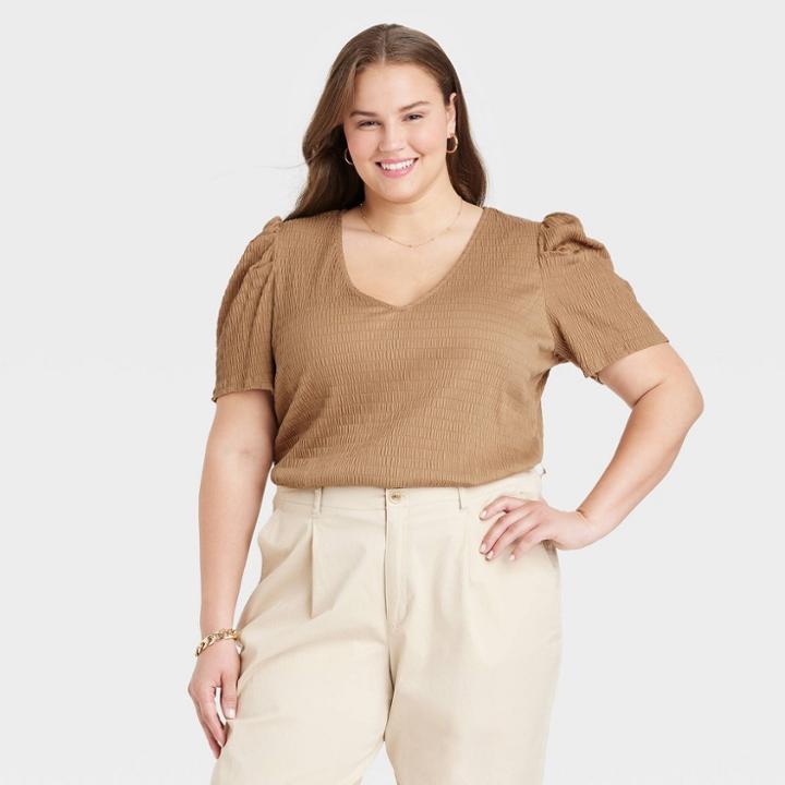 Women's Plus Size Puff Short Sleeve V-neck Top - A New Day Brown