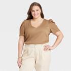 Women's Plus Size Puff Short Sleeve V-neck Top - A New Day Brown