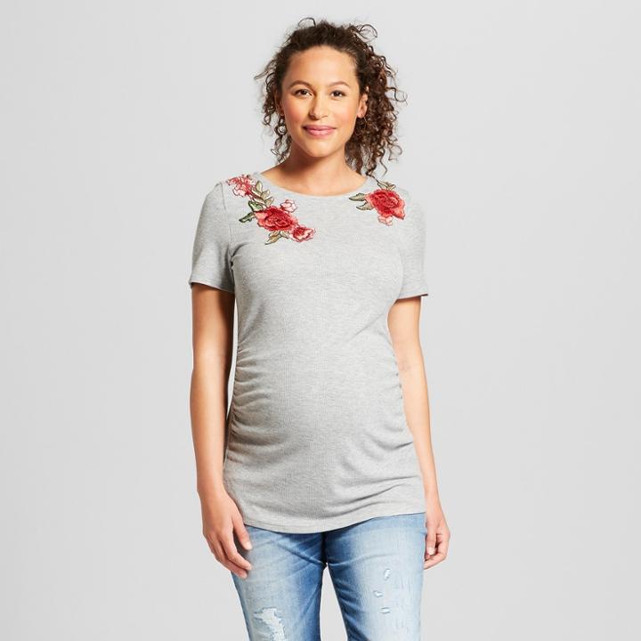 Maternity Short Sleeve Embroidered Shoulder Top - Macherie Gray