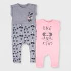 Baby Girls' Disney Mickey Mouse & Friends Minnie Mouse 2pk Short Sleeve Romper Set - Pink/gray 0-3m,