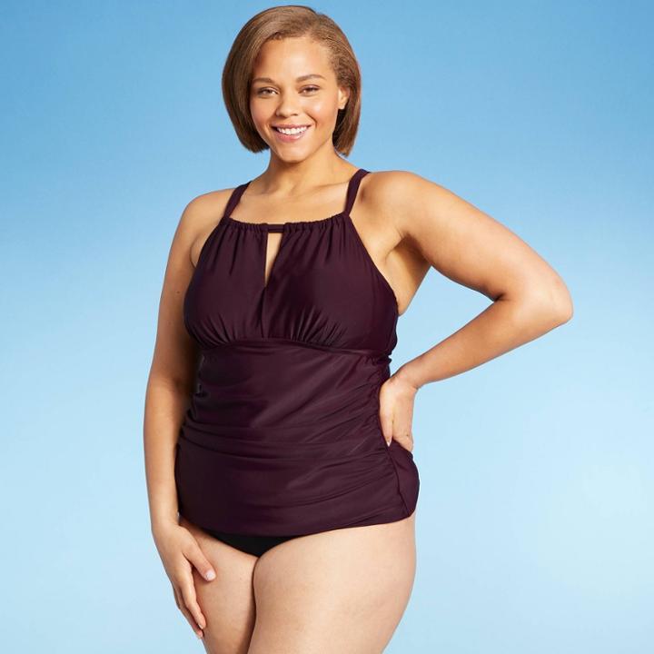 Women's Plus Size Post Mastectomy High Neck Cut Out Tankini Top - Kona Sol Atlantic Burgundy X
