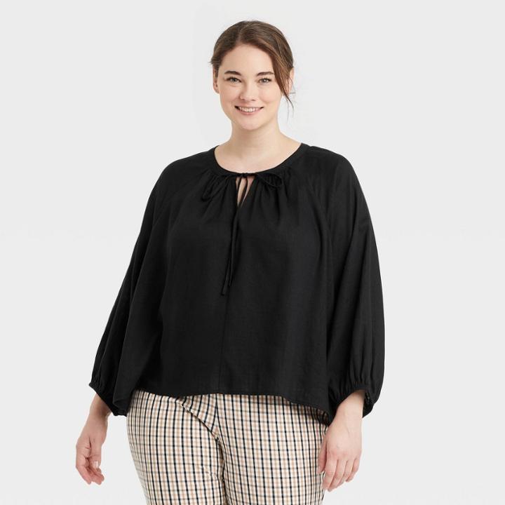 Women's Plus Size Raglan Long Sleeve Tie-front Top - A New Day Black