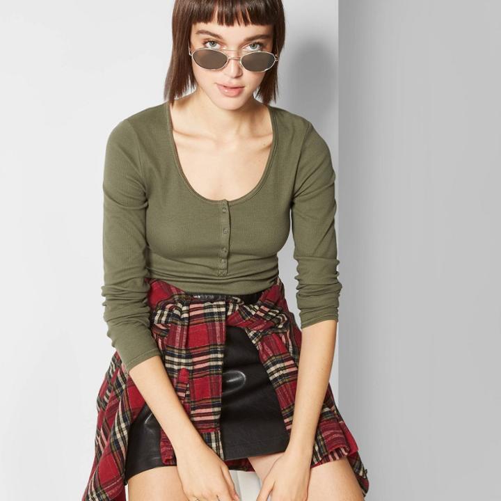 Women's Long Sleeve Henley T-shirt - Wild Fable Olive