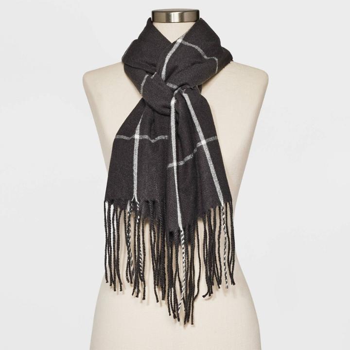 Women's Lightweight Plaid Blanket Scarf - A New Day Dark Gray