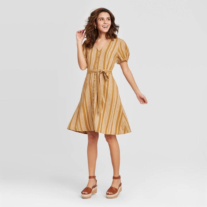 Women's Striped Short Sleeve V-neck Button-front Tie Waist Dress - Universal Thread Yellow Xs, Women's,