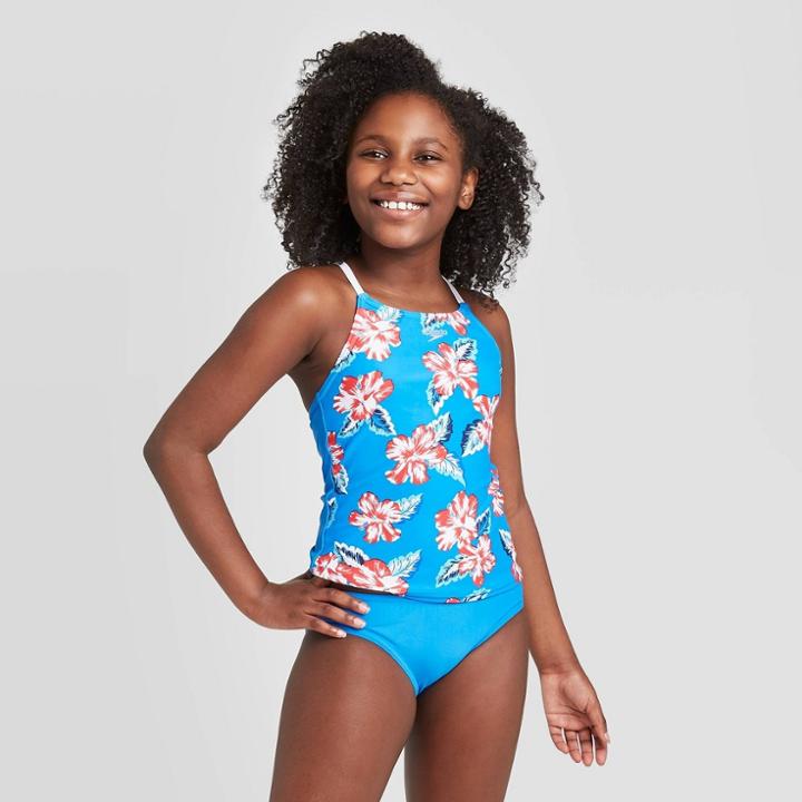 Speedo Girls' 2pc Thin Strap Tankini Set - Red/white/black S, Girl's, Size: Small, Black/red/white