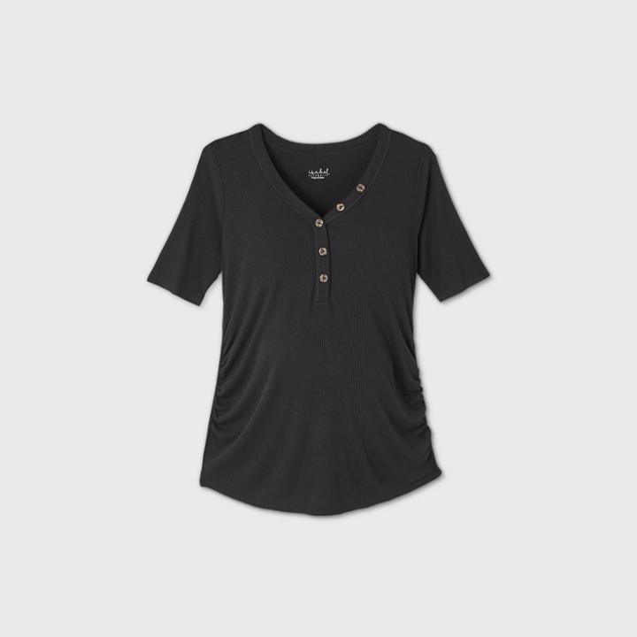 Maternity Elbow Sleeve V-neck Henley Top - Isabel Maternity By Ingrid & Isabel Black