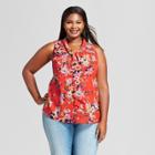 Women's Plus Size Floral Tie Neck Blouse - A New Day Tomato