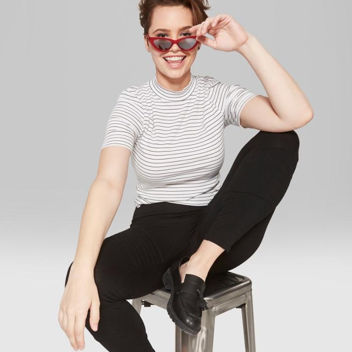Women's Striped Short Sleeve Mock Neck T-shirt - Wild Fable White/black