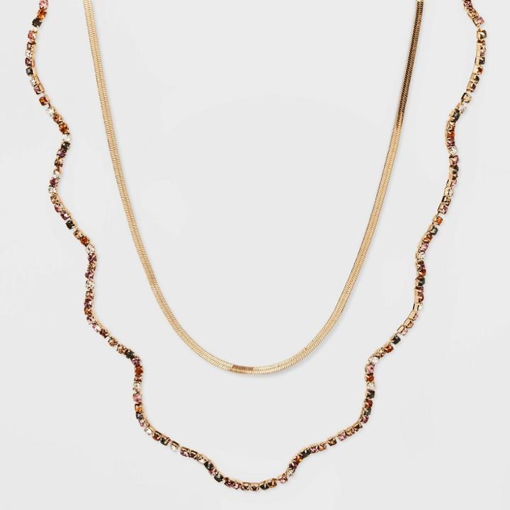 Wavy Crystal And Herringbone Chain Multi-strand Necklace - A New Day Burgundy, Red