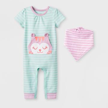 Baby Girls' 2pc Kanga Pocket Romper With Bib Set - Cat & Jack Turquoise 3-6m, Girl's, Blue