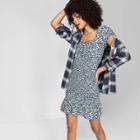 Women's Floral Print Short Sleeve Scoop Neck Smocked Body Mini Dress - Wild Fable Navy Xs, Women's, Blue