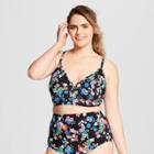 Costa Del Sol Women's Floral Print Plus Size Floral Scallop Bikini Top - Black