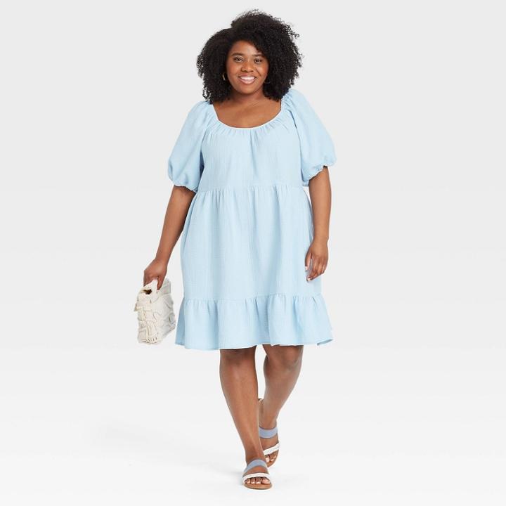 Women's Plus Size Puff Short Sleeve Tiered Babydoll Dress - Universal Thread Blue
