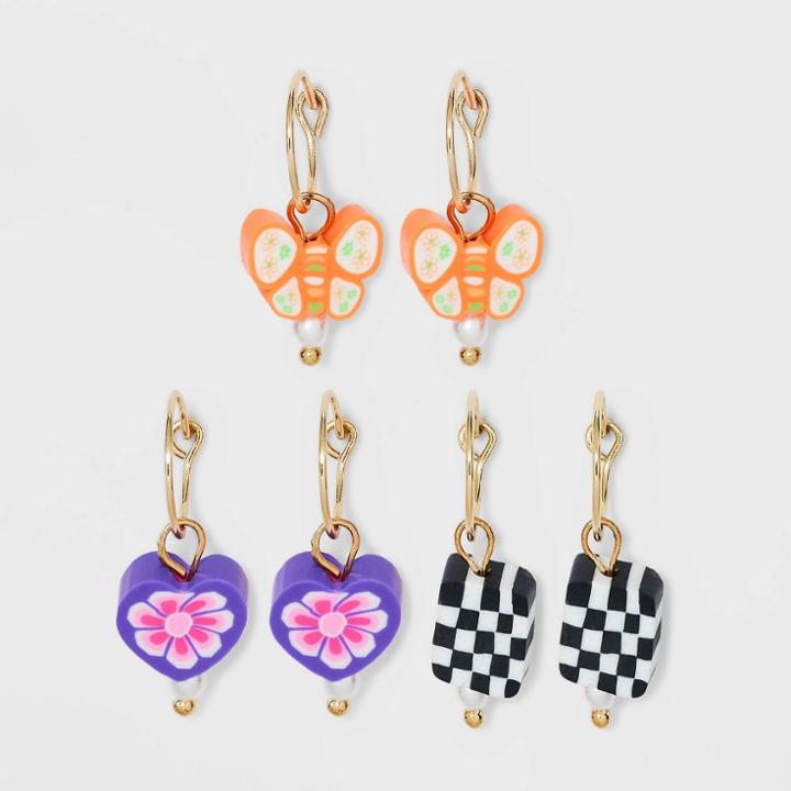 Clay Mixed Icon Hoop Earring Set 3pc - Wild Fable , Black/blue/gold