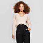 Women's Long Sleeve V-neck Chenille Pullover Sweater - A New Day Cream