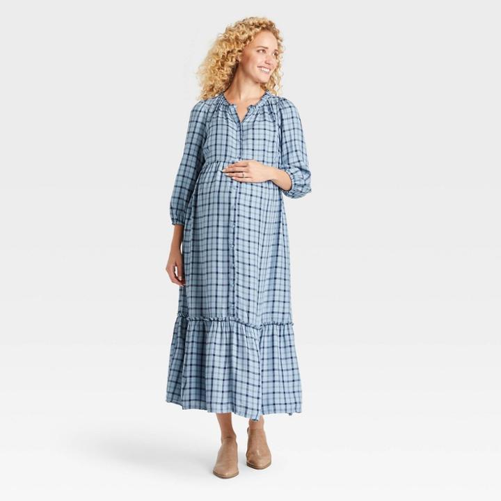 3/4 Sleeve Modern House Maternity Dress - Isabel Maternity By Ingrid & Isabel Blue Plaid