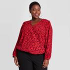 Women's Plus Size Floral Print Puff Long Sleeve Wrap Top - A New Day Red