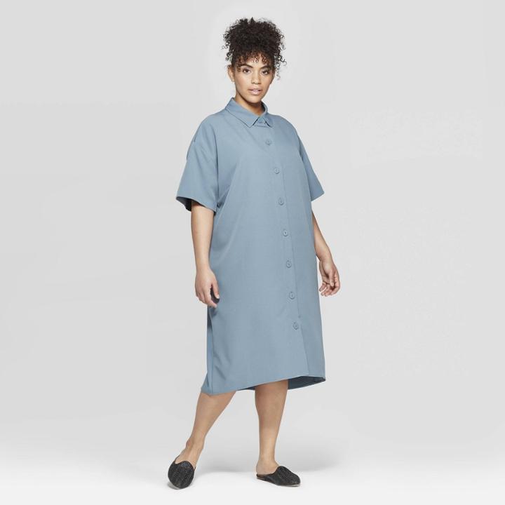 Women's Plus Size Short Sleeve Collared Long Shirtdress - Prologue Blue X