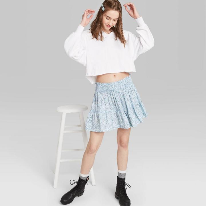 Women's Floral Print High-rise Smocked Ruffle Mini Skirt - Wild Fable Blue