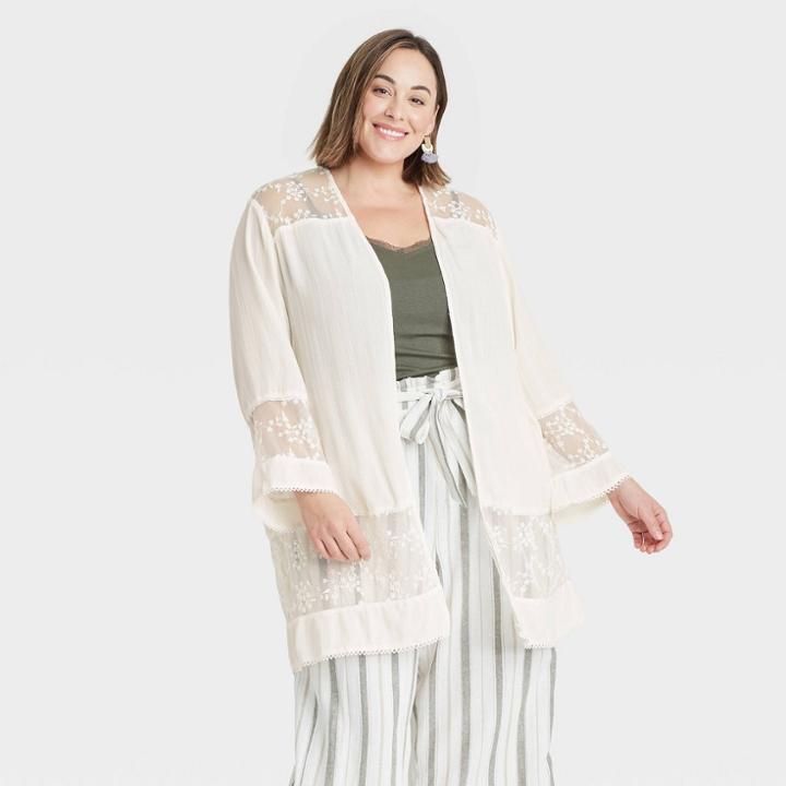 Women's Plus Size Long Sleeve Lace Detail Kimono Jacket - Knox Rose White